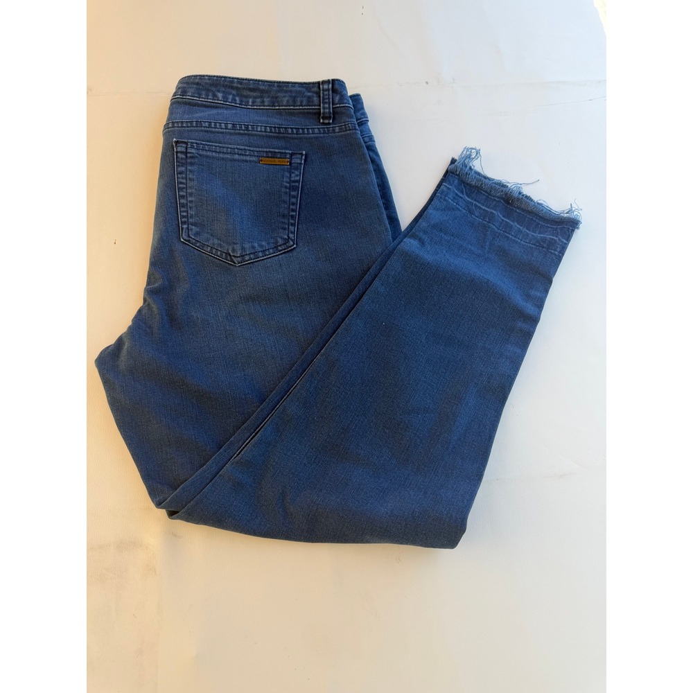 Michael Kors Blue Denim Released Raw Fringe Hem Straight Leg Jeans Womens